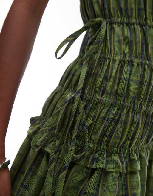 Topshop cap sleeve ruched dress with tie sides in green plaid