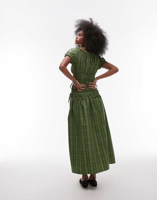 Topshop cap sleeve ruched dress with tie sides in green plaid