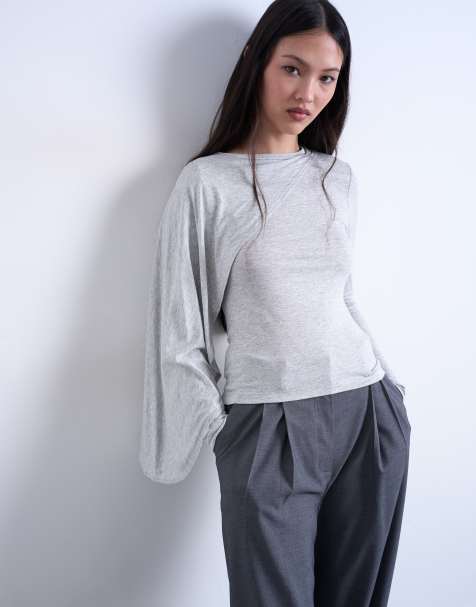 Topshop cape detail long sleeve top in grey marl - view 1