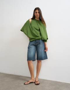 Model wearing Cape draped tee in pesto green