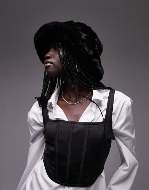Topshop - Cappello da pescatore in pelliccia sintetica nero