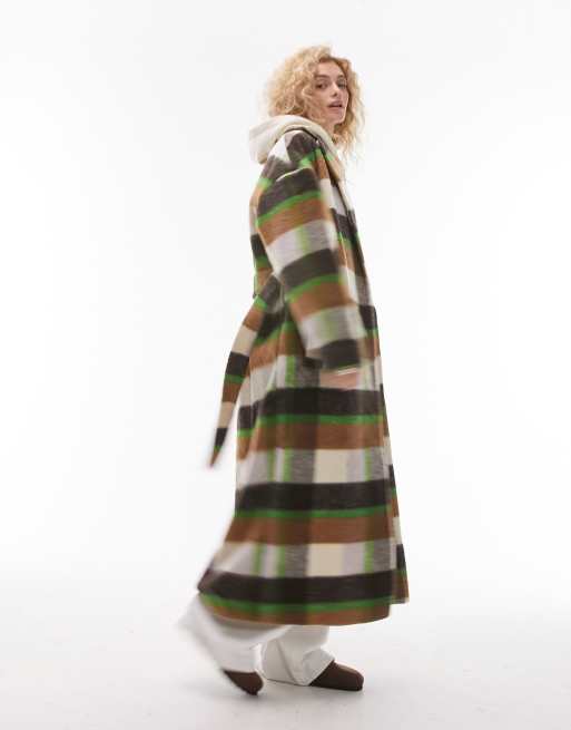 Topshop Cappotto con 20% lana spazzolato a quadri crema e verde