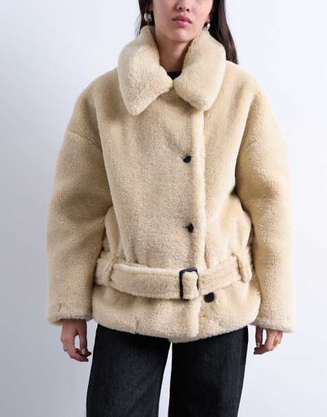 Topshop - Cappotto corto in pile borg color crema con cintura - view 1