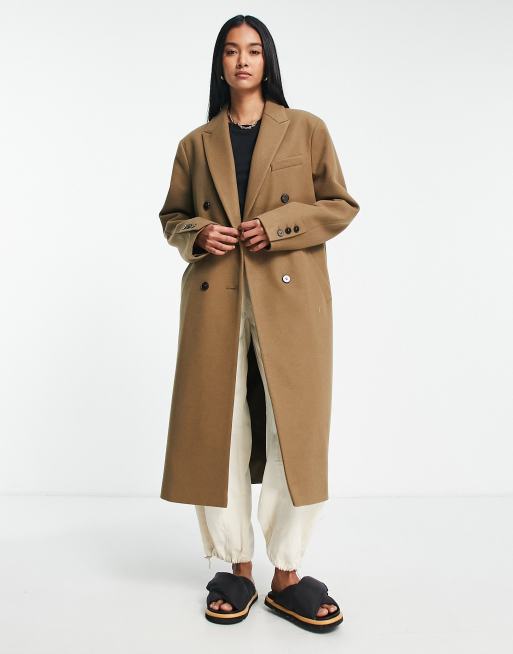Topshop - Cappotto doppiopetto taglio lungo color cammello scuro