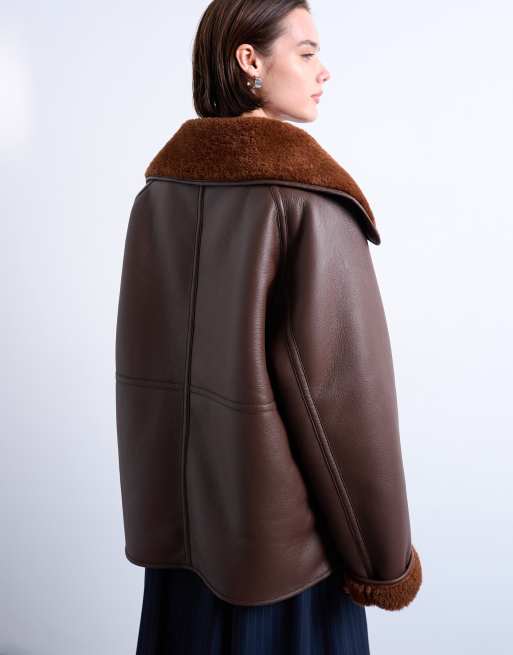 Topshop - Cappotto double-face oversize color cioccolato in montone con bottoni, 4 di 4