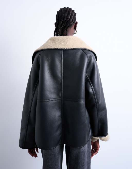 Topshop - Cappotto double-face oversize nero e in montone color panna con bottoni, 4 di 4