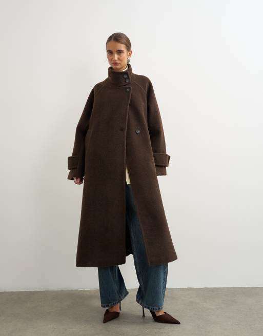 Topshop cappotto elegante a collo a imbuto lungo color cioccolato, 1 di 4