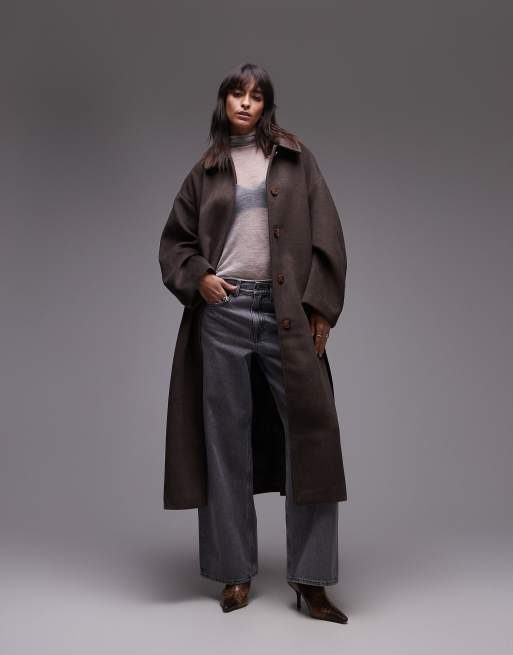 Topshop - Cappotto elegante taglio lungo marrone con cintura