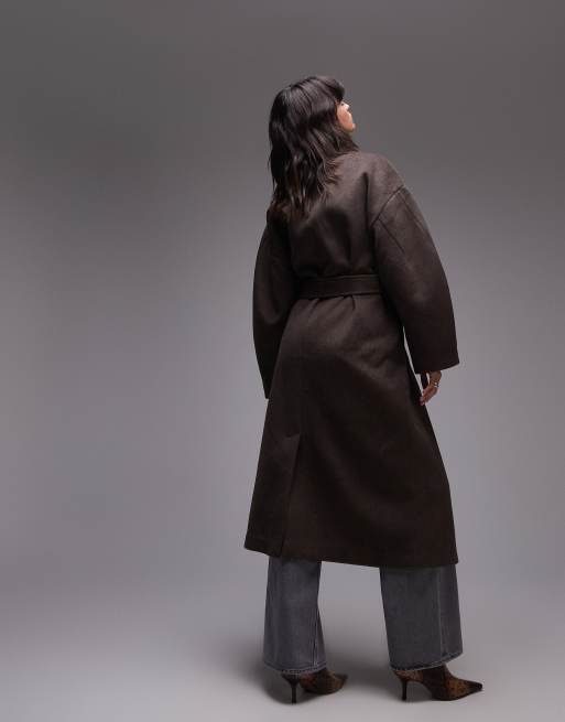 Topshop - Cappotto elegante taglio lungo marrone con cintura, 3 di 4