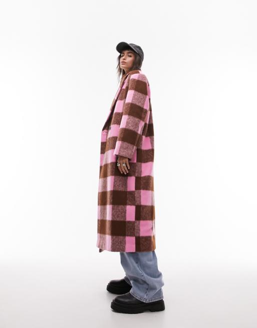 Topshop - Cappotto elegante taglio lungo rosa a quadri spazzolato