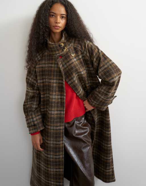 Topshop cappotto formale lungo con collo a imbuto a quadri marroni, 3 di 4