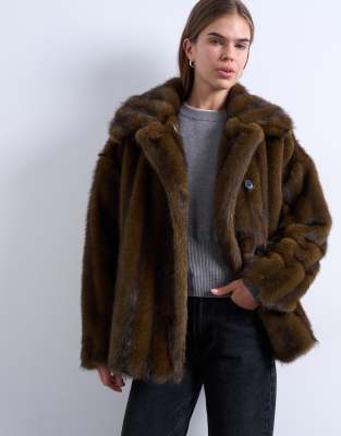 Topshop - Cappotto in pelliccia sintetica neutro a righe
