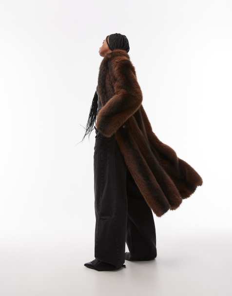 Topshop - Cappotto in pelliccia sintetica taglio lungo marrone a righe - view 1