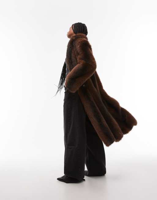 Topshop - Cappotto in pelliccia sintetica taglio lungo marrone a righe