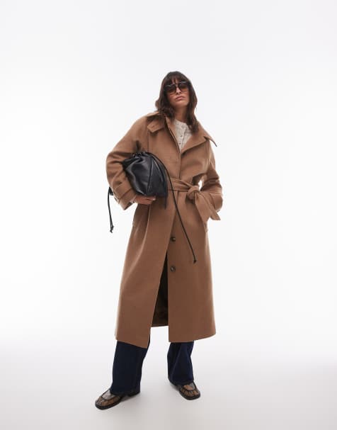 Topshop - Cappotto in twill color cammello con cintura e linguetta - view 1