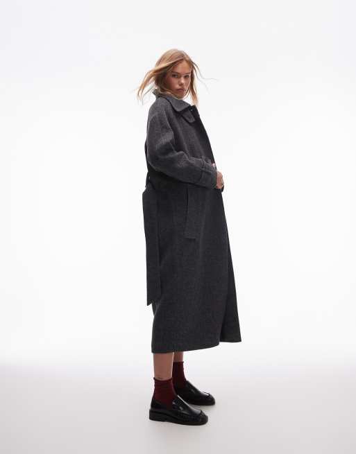 Topshop Cappotto in twill grigio con cintura e patta ASOS