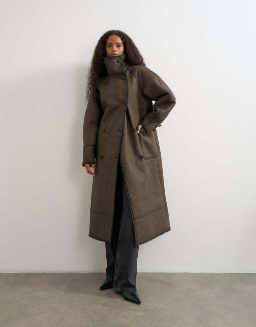 Topshop cappotto longline in pelle sintetica con collo a imbuto marrone, 2 di 4