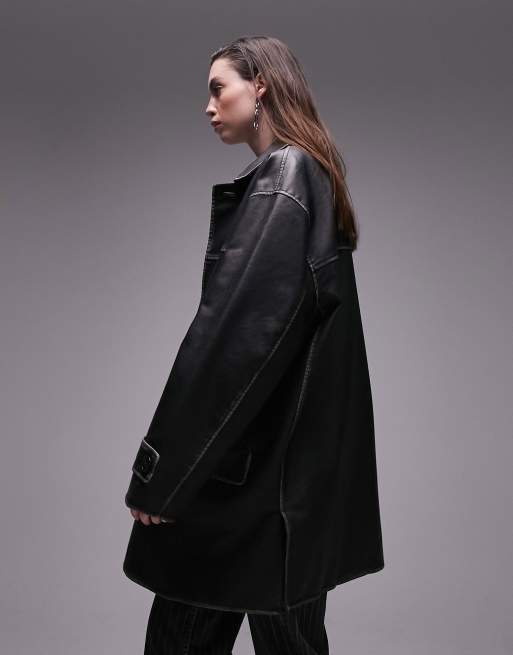 Topshop - Cappotto lunghezza media nero slavato in pelle sintetica, 2 di 4
