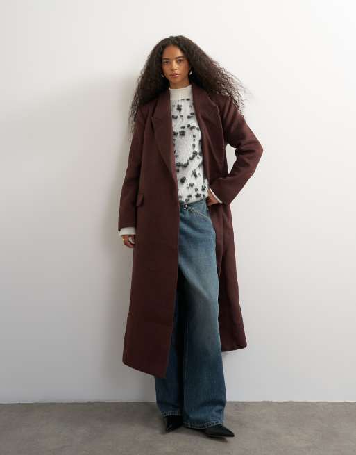 Topshop cappotto lungo formale con cintura color vino, 1 di 4