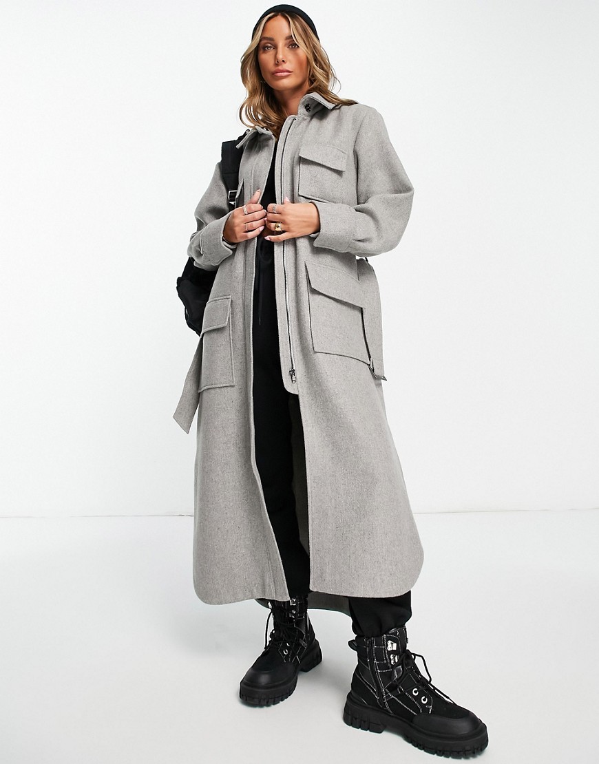 topshop - cappotto lungo grigio multitasche con cintura