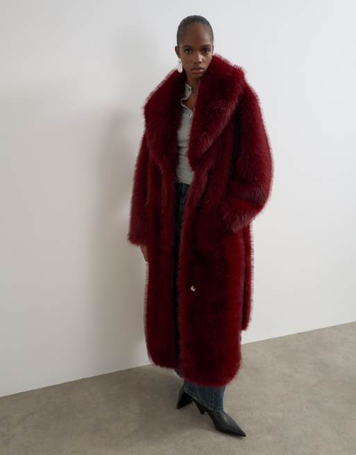 Topshop cappotto lungo in pelliccia sintetica con cintura, ciliegia, 4 di 4