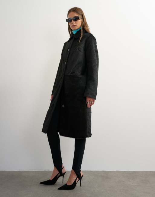 Topshop cappotto lungo in pelliccia sintetica nero, 3 di 4