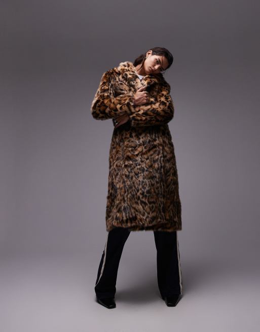 Topshop - Cappotto lungo multicolore in pelliccia sintetica animalier