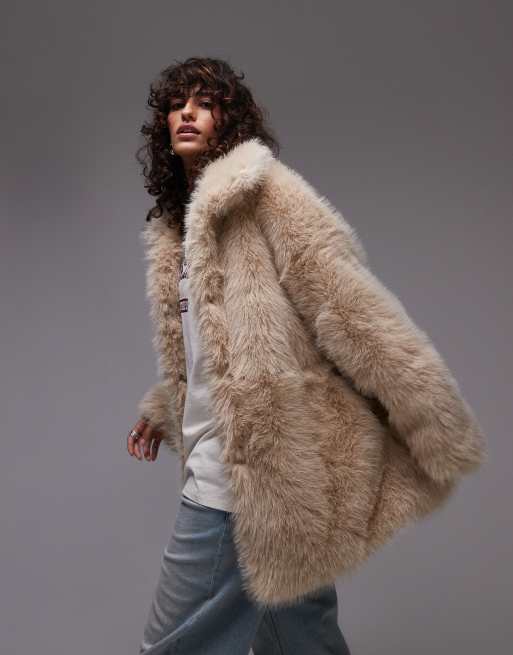 Topshop - Cappotto midi color miele in pelliccia sintetica con collo a imbuto