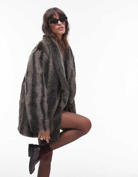 Topshop - Cappotto midi in pelliccia sintetica color crema e marrone a righe - view 1