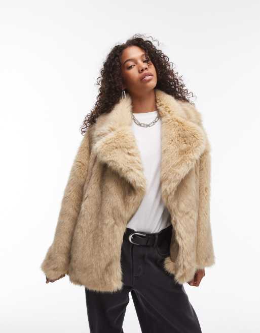 Topshop - Cappotto midi in pelliccia sintetica color latticello