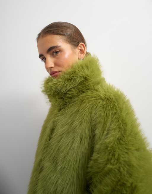 Topshop cappotto midi in pelliccia sintetica verde, 2 di 4