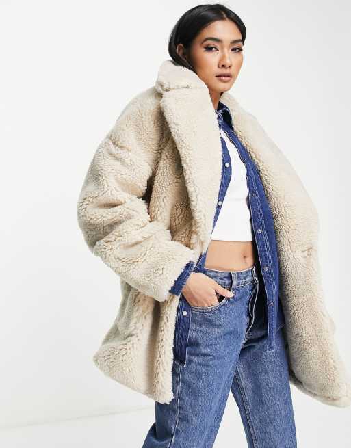 Topshop - Cappotto midi in pile borg color crema con tasche applicate