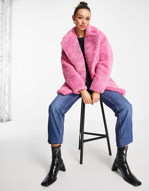 Topshop - Cappotto midi in pile borg rosa con tasche applicate