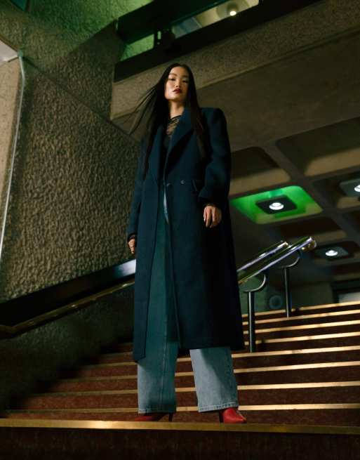 Topshop - Cappotto oversize in misto lana color blu navy con tre tasche