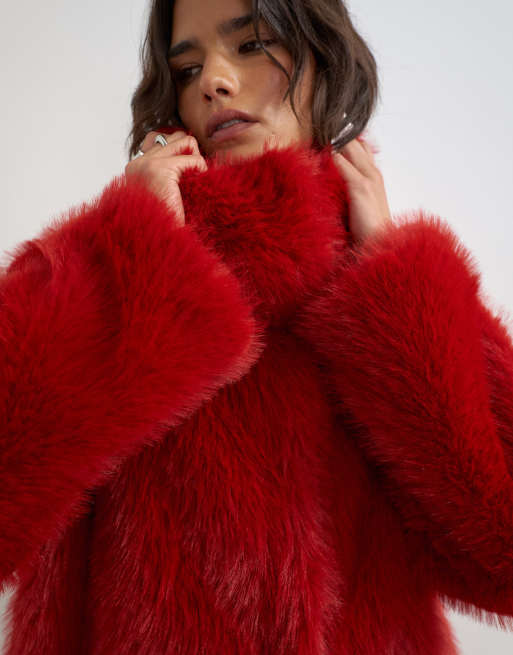 Topshop cappotto oversize lungo in pelliccia sintetica rosso, 2 di 4