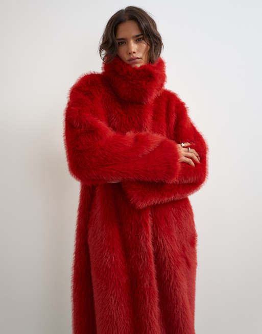 Topshop cappotto oversize lungo in pelliccia sintetica rosso, 4 di 4