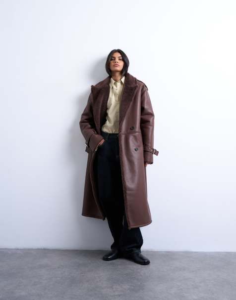 Topshop - Cappotto stile aviatore oversize taglio lungo color cioccolato con dettagli in pile borg - view 1