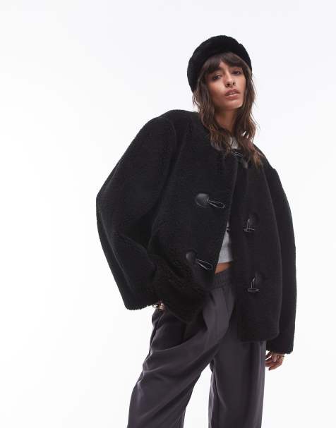 Topshop - Cappotto taglio corto nero in pile borg senza colletto con fermacorda - view 1