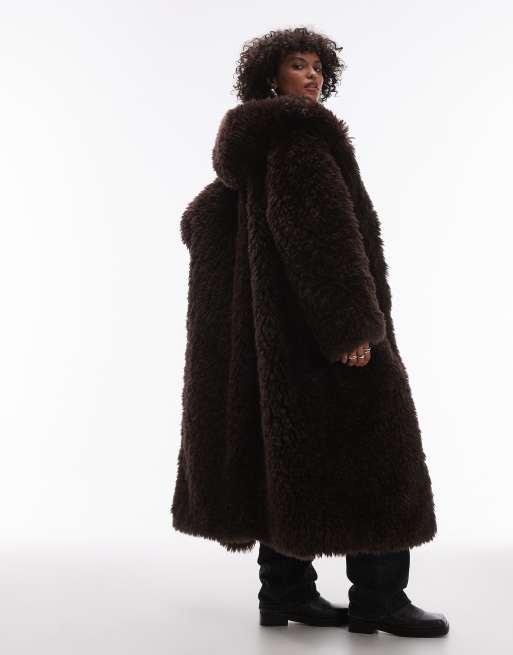 Topshop - Cappotto taglio lungo in pelliccia sintetica con cappuccio