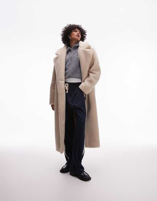 Topshop - Cappotto taglio lungo in pile borg crema