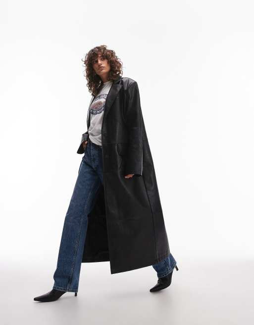 Topshop - Cappotto taglio lungo nero in pelle sintetica