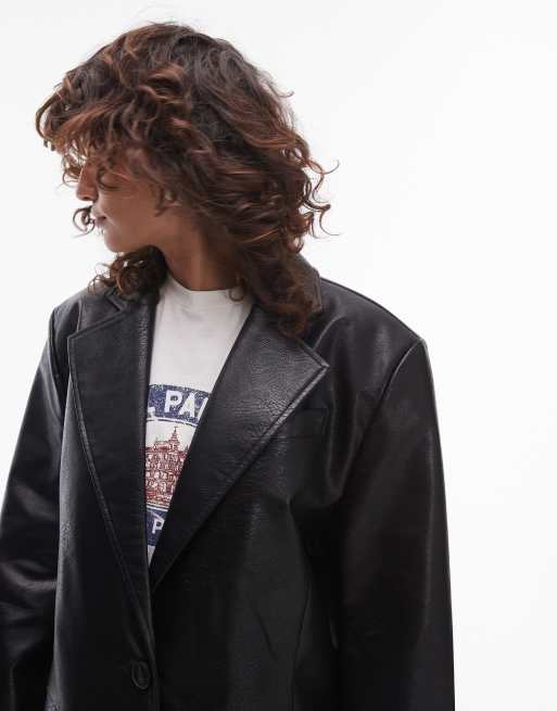 Topshop - Cappotto taglio lungo nero in pelle sintetica, 3 di 4