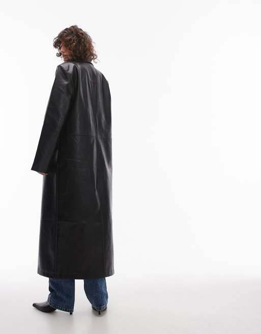 Topshop - Cappotto taglio lungo nero in pelle sintetica, 4 di 4