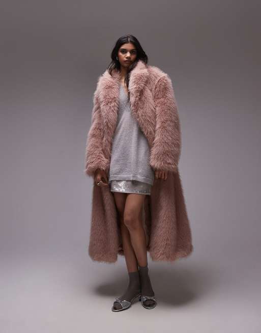 Topshop - Cappotto taglio lungo rosa in pelliccia sintetica