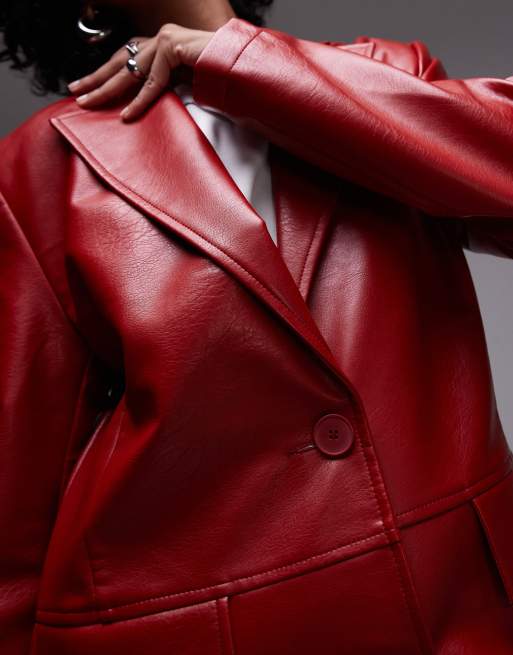 Topshop - Cappotto taglio lungo rosso in pelle sintetica, 2 di 4