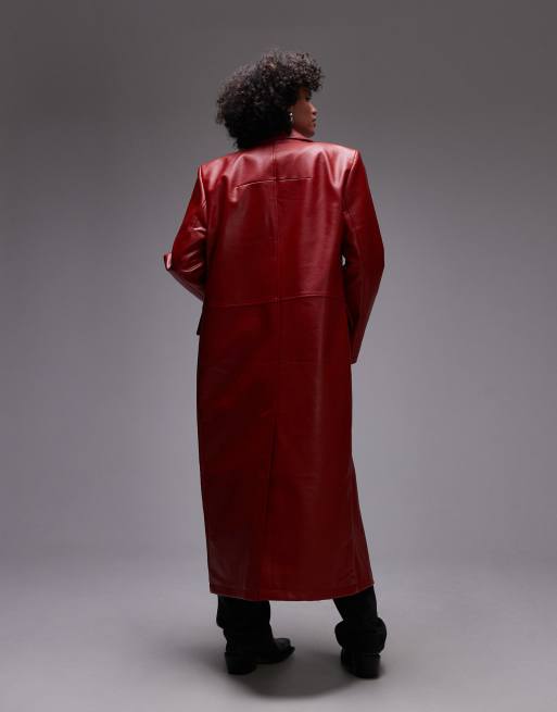 Topshop - Cappotto taglio lungo rosso in pelle sintetica, 3 di 4