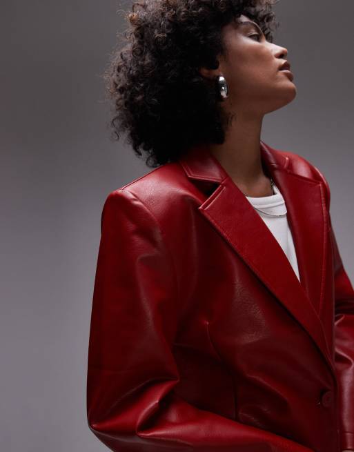 Topshop - Cappotto taglio lungo rosso in pelle sintetica, 4 di 4
