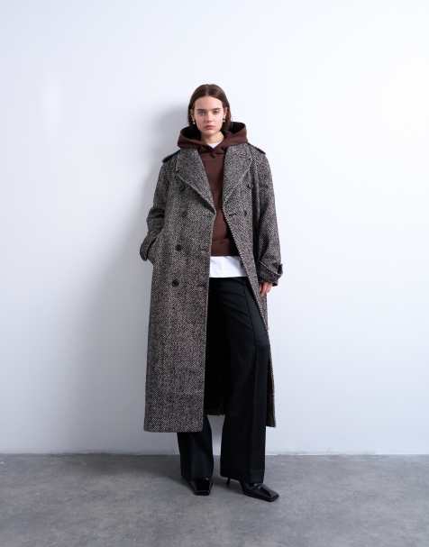 Topshop - Cappotto taglio super lungo in twill di misto lana multicolore con cintura - view 1