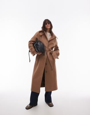 Topshop - Car-Coat aus Twill in Kamelbraun mit Bindegürtel und Laschendetail-Neutral