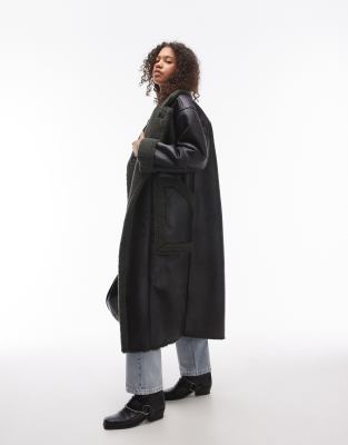 Topshop - Car-Coat in Schwarz und Grün mit langem Oversize-Schnitt-Brown